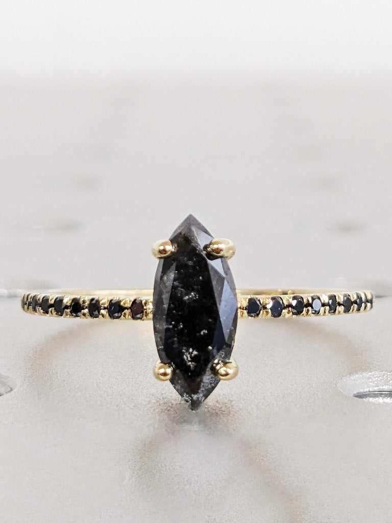 Marquise Cut Salt And Pepper Diamond Engagement Ring, Bold 14K Raw Diamond Wedding Ring, Goth Bridal Ring, Galaxy Salt & Pepper Promise Ring
