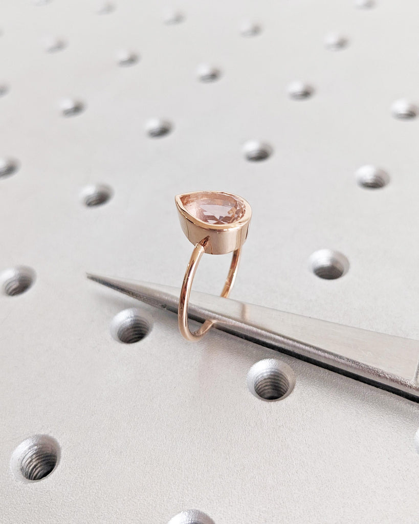 14K Rose Gold Pear Morganite Ring - Peach Morganite Engagement Ring - Pear Shape Bezel Ring - Teardrop Pear Solitaire Morganite Ring For Her