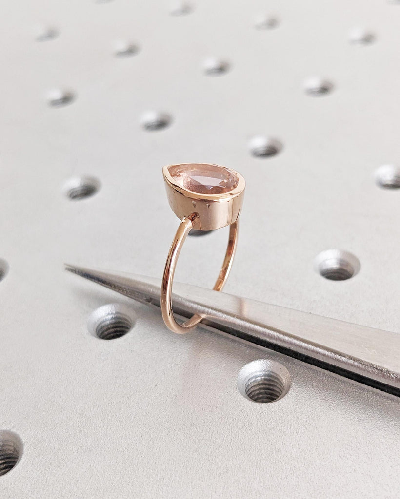 14K Rose Gold Pear Morganite Ring - Peach Morganite Engagement Ring - Pear Shape Bezel Ring - Teardrop Pear Solitaire Morganite Ring For Her