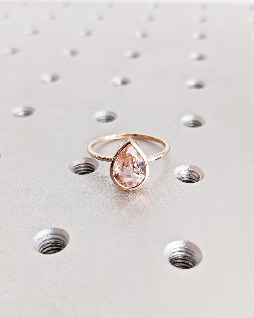 14K Rose Gold Pear Morganite Ring - Peach Morganite Engagement Ring - Pear Shape Bezel Ring - Teardrop Pear Solitaire Morganite Ring For Her