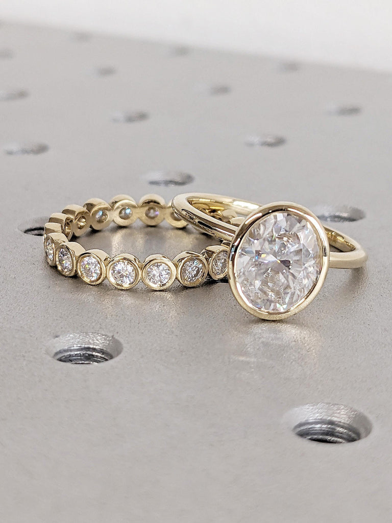 Oval Moissanite Bezel Engagement Ring Set, 14K Yellow Gold Eternity Band, Modern Solitaire Bridal Set, Vintage Stacking Wedding Ring for Her