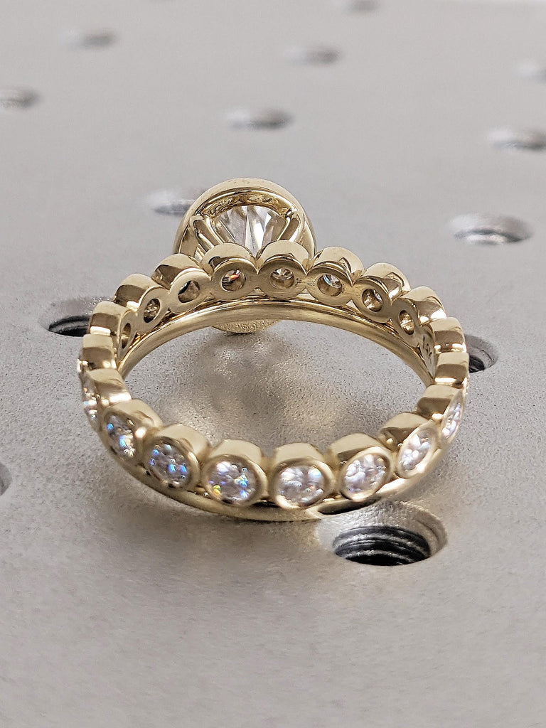 Oval Moissanite Bezel Engagement Ring Set, 14K Yellow Gold Eternity Band, Modern Solitaire Bridal Set, Vintage Stacking Wedding Ring for Her