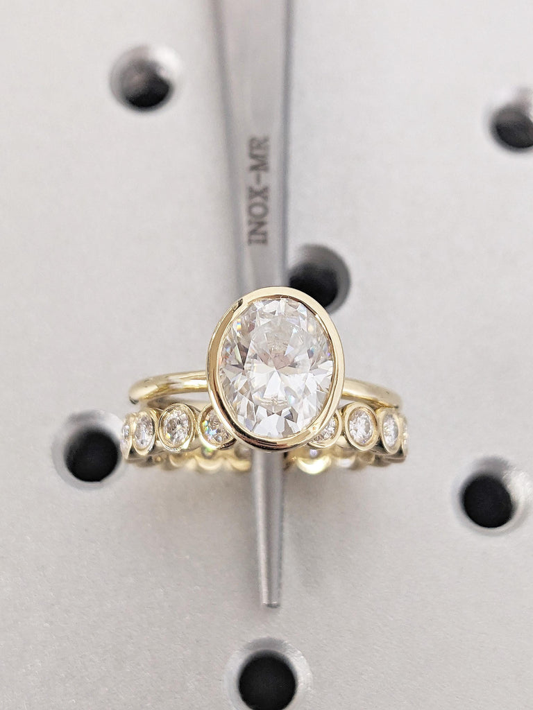 Oval Moissanite Bezel Engagement Ring Set, 14K Yellow Gold Eternity Band, Modern Solitaire Bridal Set, Vintage Stacking Wedding Ring for Her