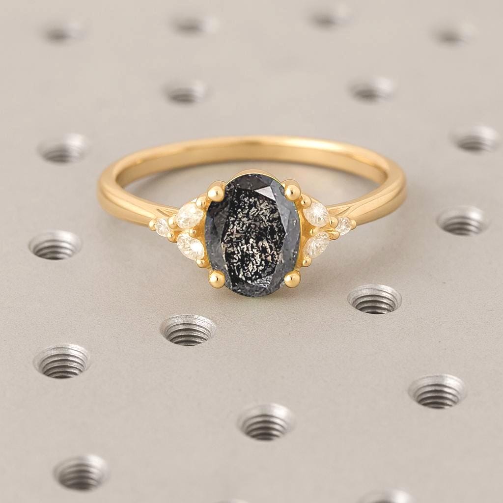 Art Deco Salt and Pepper Galaxy Diamond Engagement Ring | Cluster Moissanite Ring | Oval cut Wedding Ring | 14k 18k Gold Women Promise Ring