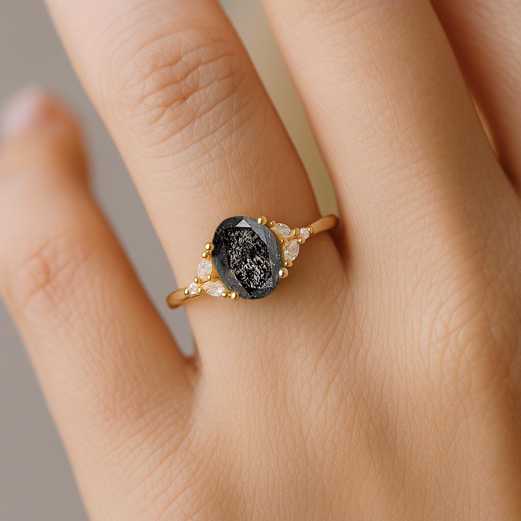 Vintage Oval Natural Black Diamond Engagement Ring - Yellow Gold Wedding Ring - Diamond Cluster Promise Ring - Marquise Diamond Ring