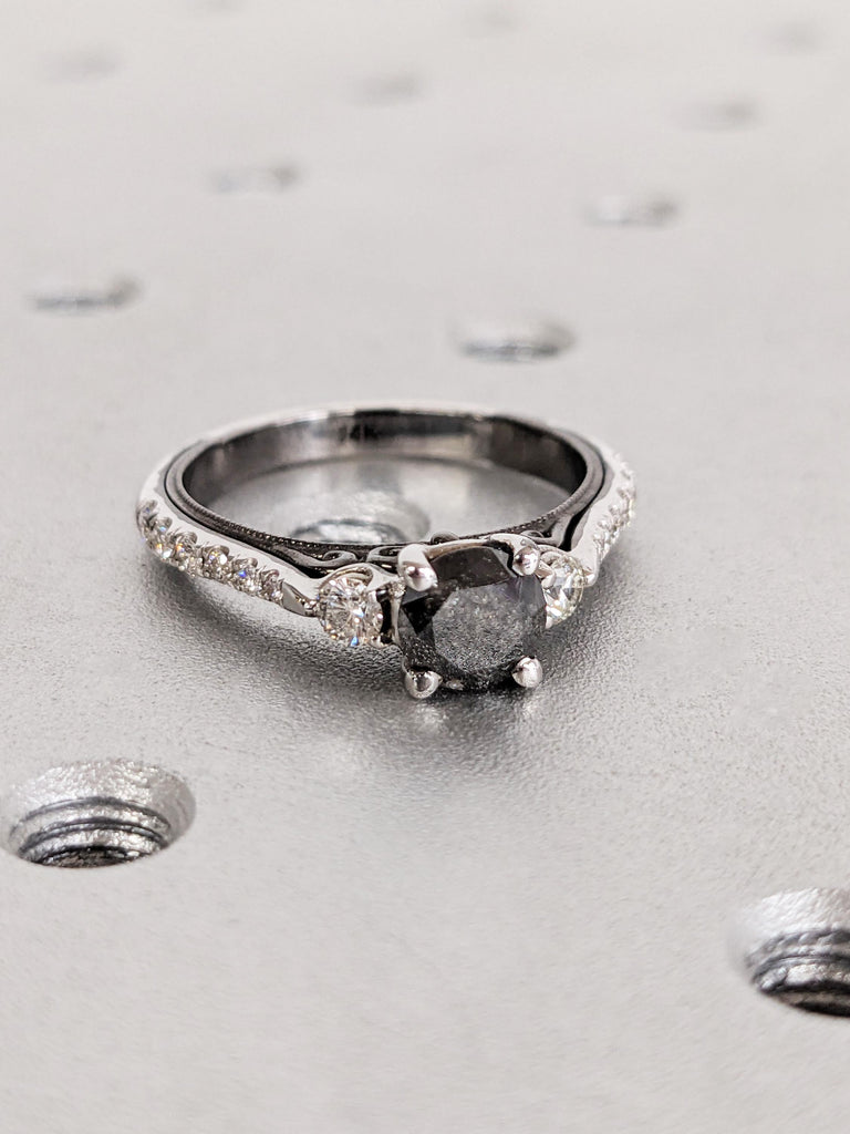 Unique Round Salt & Pepper Diamond Ring, Two Tone White, Back Gold Engagement Ring, Dramatic Wedding Ring, Vintage Raw Diamond Ring For Her