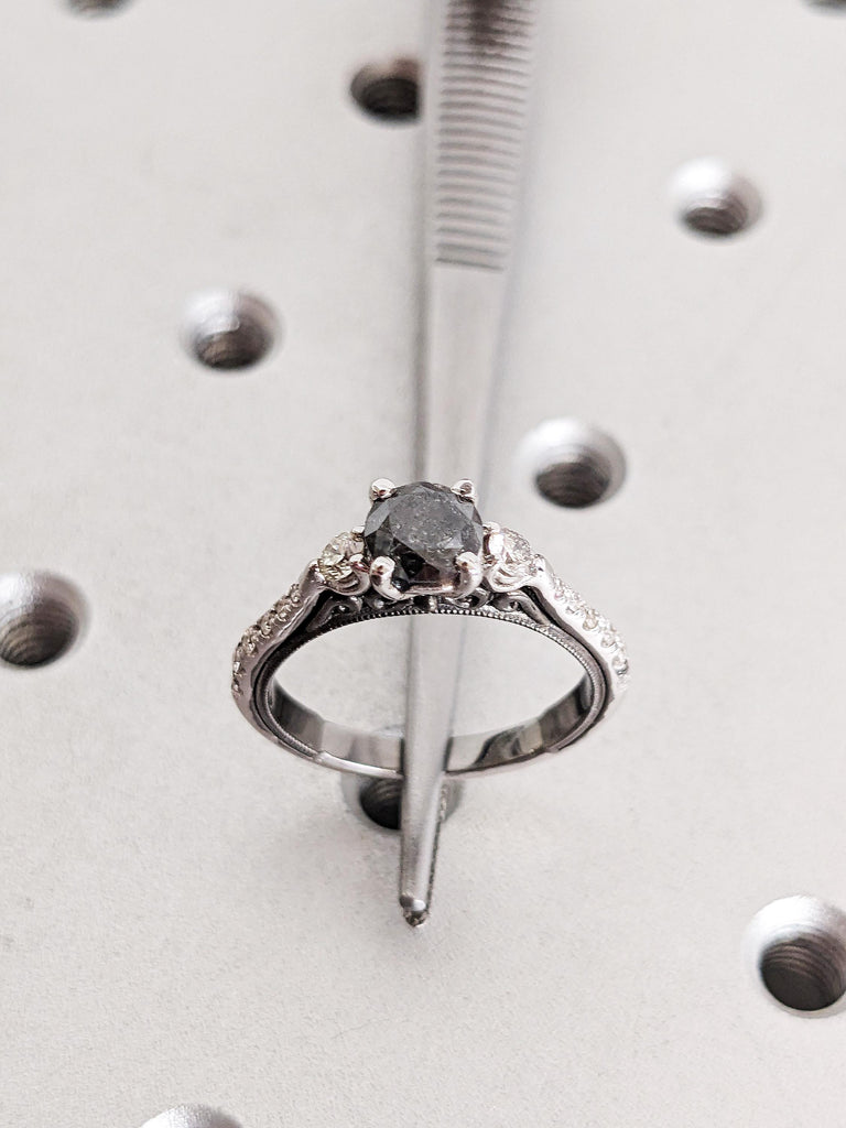 Unique Round Salt & Pepper Diamond Ring, Two Tone White, Back Gold Engagement Ring, Dramatic Wedding Ring, Vintage Raw Diamond Ring For Her