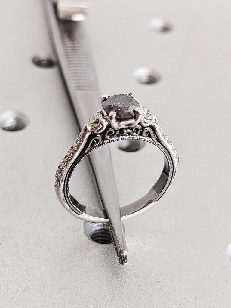 Unique Round Salt & Pepper Diamond Ring, Two Tone White, Back Gold Engagement Ring, Dramatic Wedding Ring, Vintage Raw Diamond Ring For Her