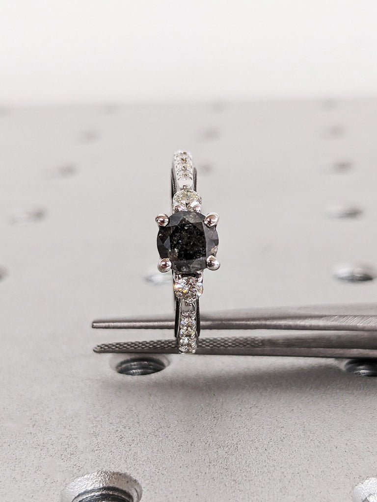 Unique Round Salt & Pepper Diamond Ring, Two Tone White, Back Gold Engagement Ring, Dramatic Wedding Ring, Vintage Raw Diamond Ring For Her