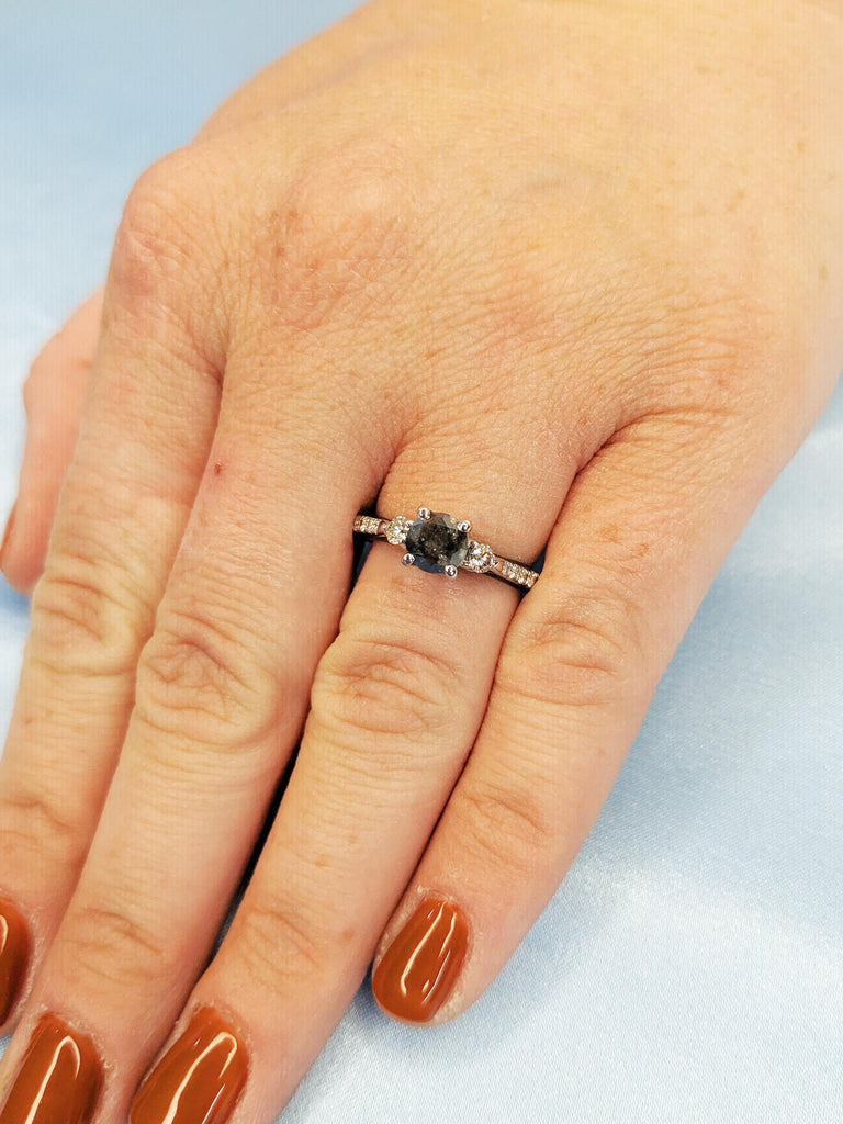 Unique Round Salt & Pepper Diamond Ring, Two Tone White, Back Gold Engagement Ring, Dramatic Wedding Ring, Vintage Raw Diamond Ring For Her