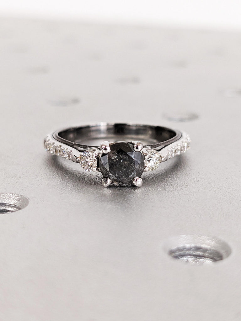 Unique Round Salt & Pepper Diamond Ring, Two Tone White, Back Gold Engagement Ring, Dramatic Wedding Ring, Vintage Raw Diamond Ring For Her