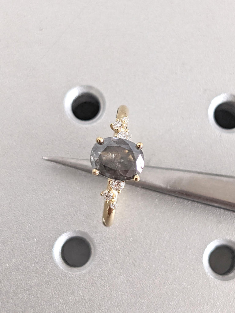 Natural Grey Diamond Ring | Promise Ring For Her | 1CT, 1.5ct Oval Cut Galaxy Raw Salt and Pepper Diamond Engagement Ring for Women | Snowdrift Diamond Cluster Ring
