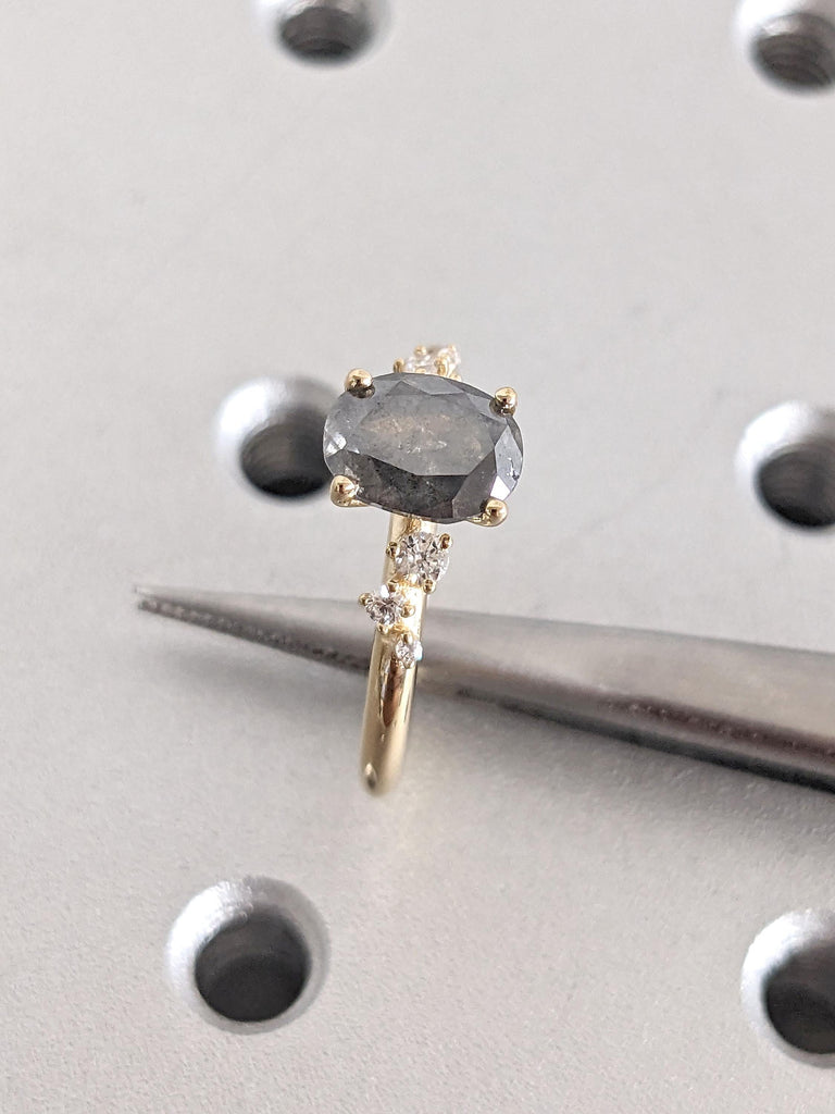 Yellow Gold Women Wedding Ring | Lab Grown Diamond Cluster Snowdrift Promise Anniversary Ring, Gift for Wife | Raw Salt and Pepper Galaxy Diamond
