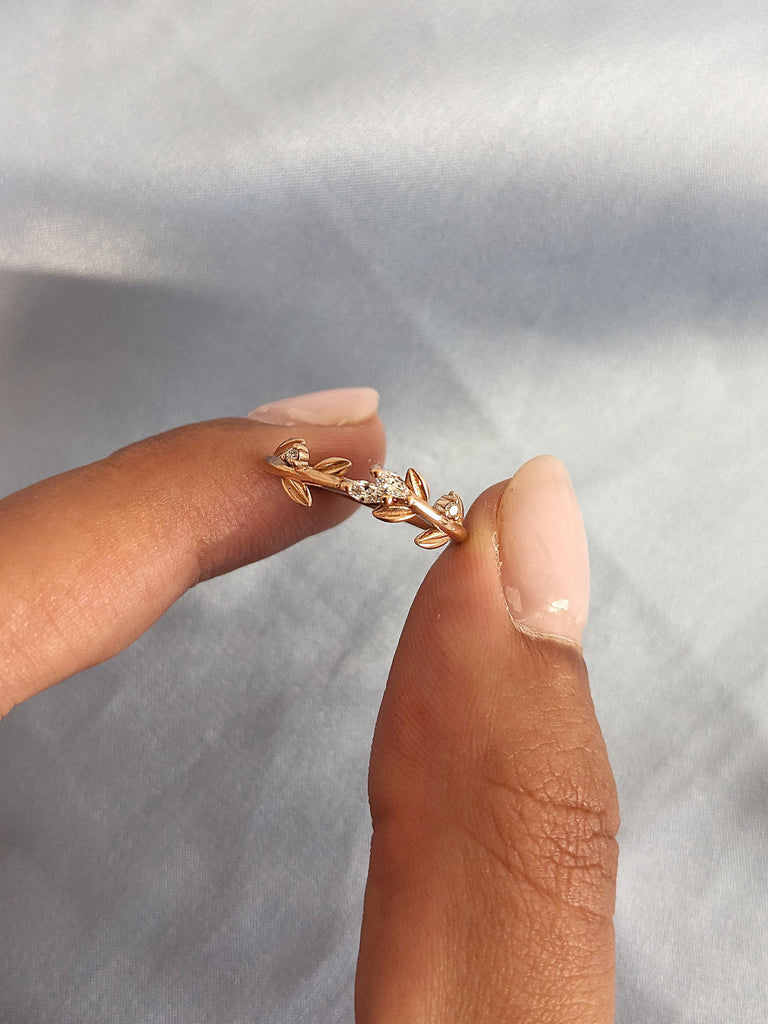 18k Rose Gold Rings for Women | Dainty Natural Diamond Wedding Ring | Nature Inspired Leaf Ring | Rustic Engagement