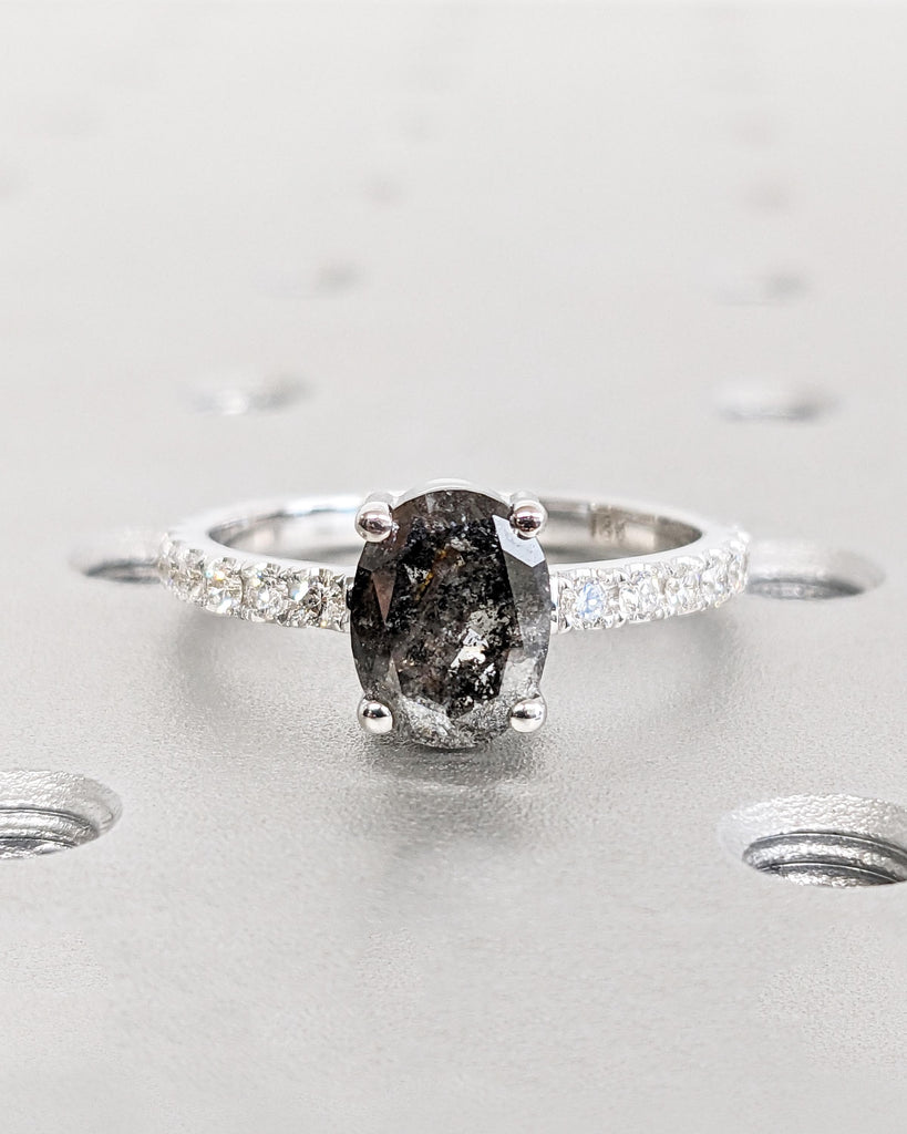 1920's Oval Salt and Pepper Diamond Ring Set, Unique Engagement Ring Set, Vintage Wedding Ring Set, 18K White Gold, Moissanite Wedding Band