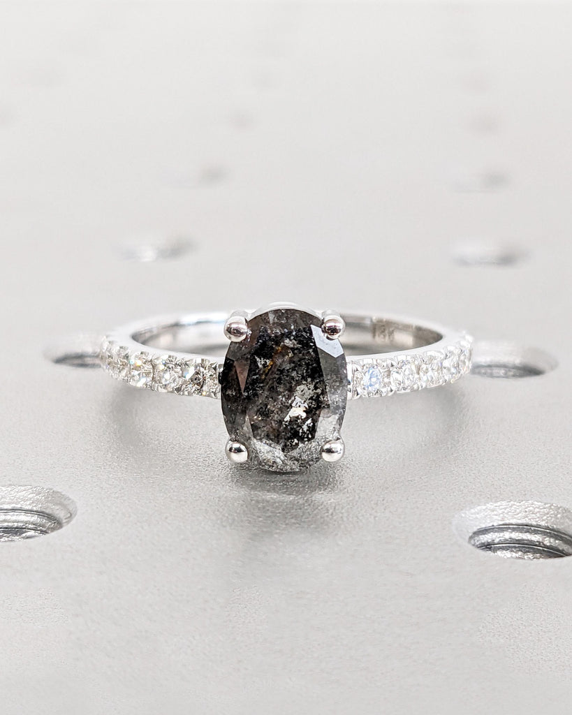 1920's Oval Salt and Pepper Diamond Ring Set, Unique Engagement Ring Set, Vintage Wedding Ring Set, 18K White Gold, Lab Diamond Wedding Band