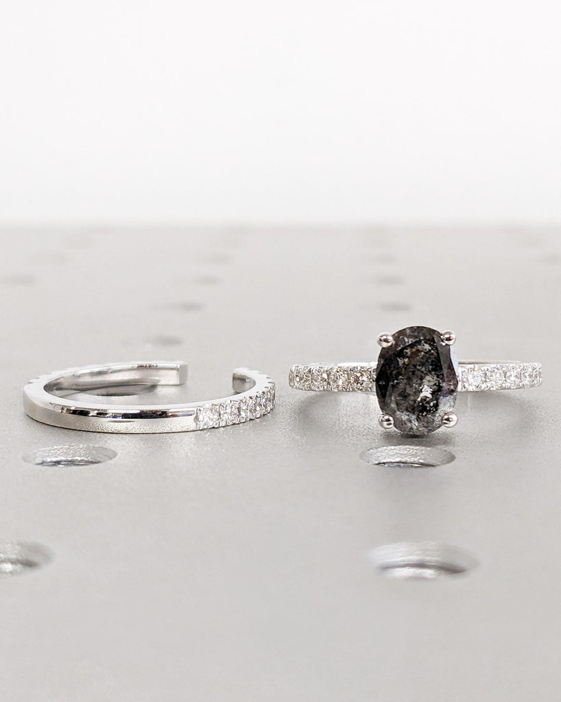 1920's Oval Salt and Pepper Diamond Ring Set | Unique Engagement Ring Set | Vintage Wedding Ring Set | 18K White Gold | Diamond Wedding Band