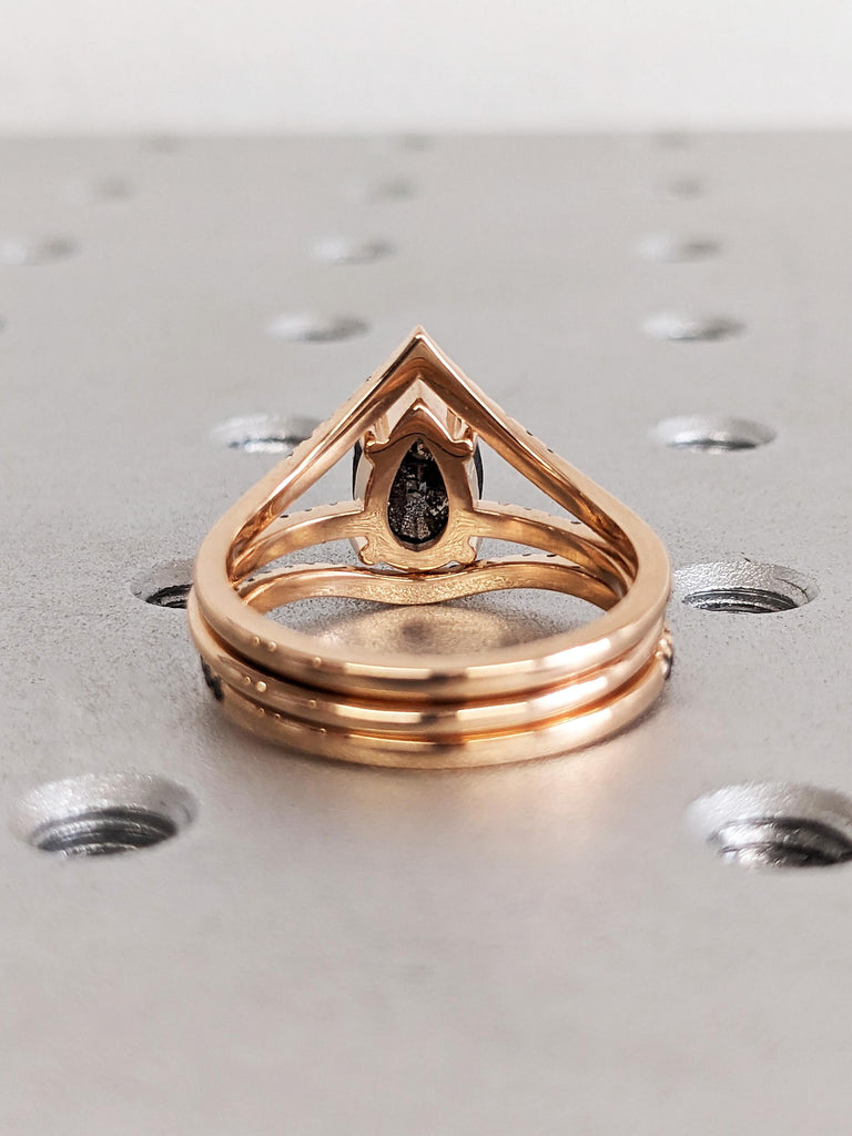 Vintage Pear Cut Salt & Pepper Diamond Bridal Set Wedding Ring, 14K Rose Gold Pave Diamond Band, Brilliant Round Ombre Diamond Stacking Ring
