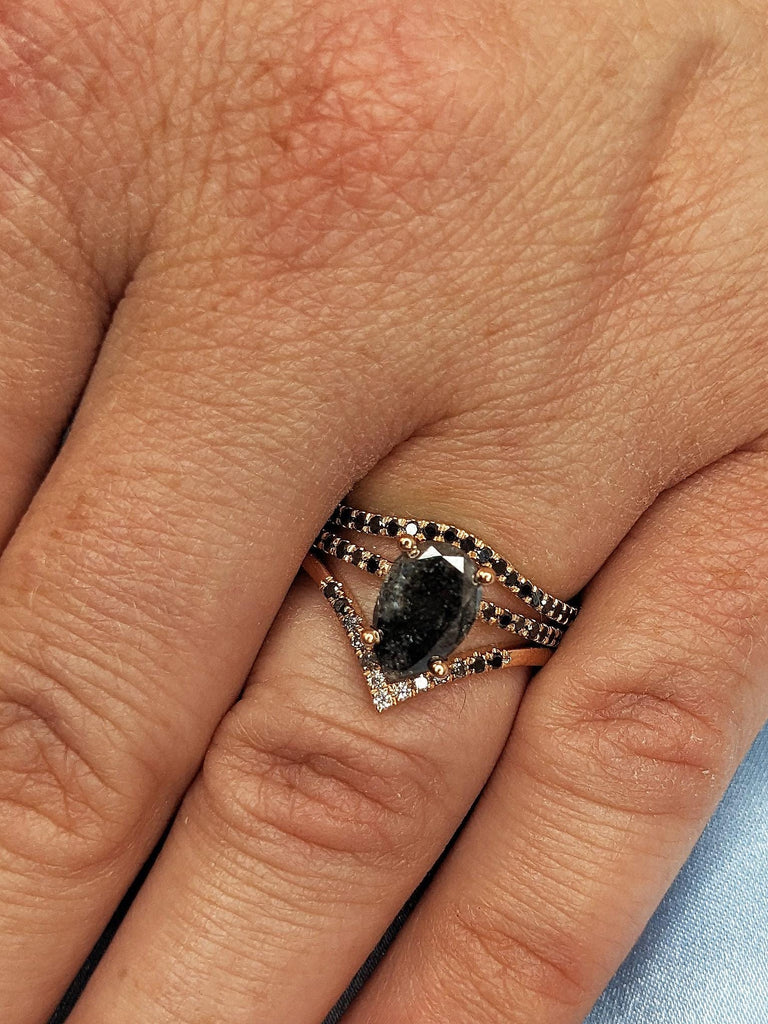 Vintage Pear Cut Salt & Pepper Diamond Bridal Set Wedding Ring, 14K Rose Gold Pave Diamond Band, Brilliant Round Ombre Diamond Stacking Ring