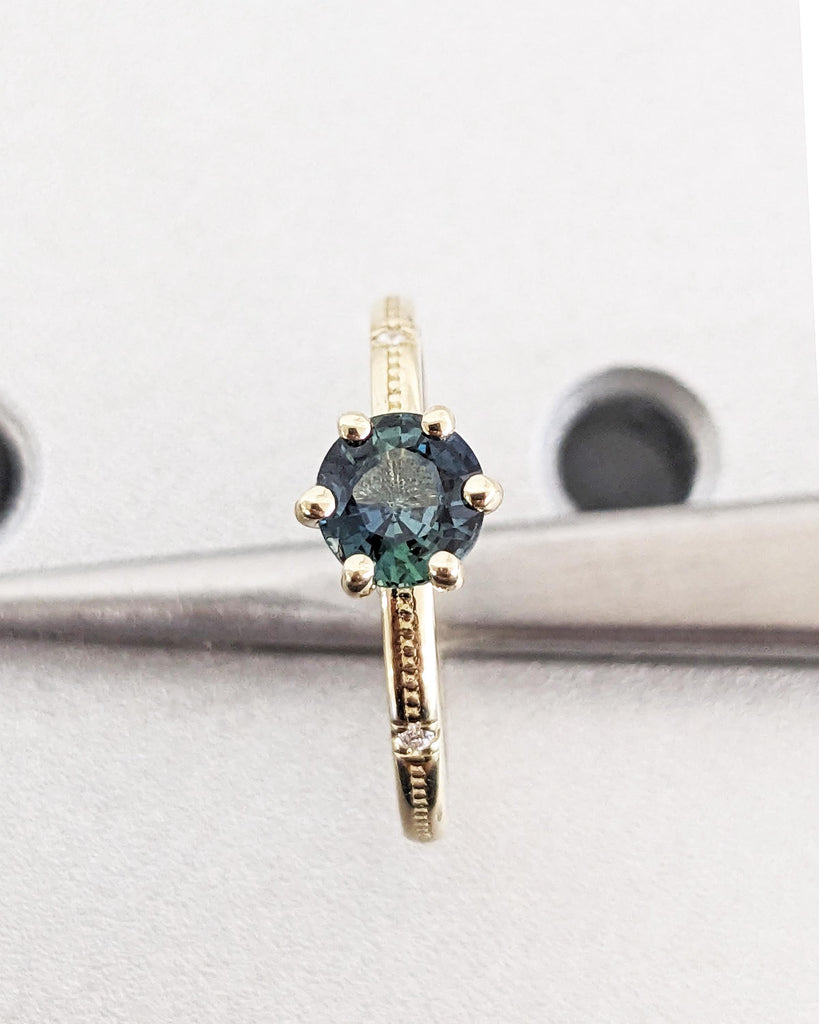 Round Cut Natural Teal Sapphire Ring, Beaded Band Dainty Engagement Ring, Peacock Blue Green Montana Sapphire, 14K Solid Gold Solitaire Ring