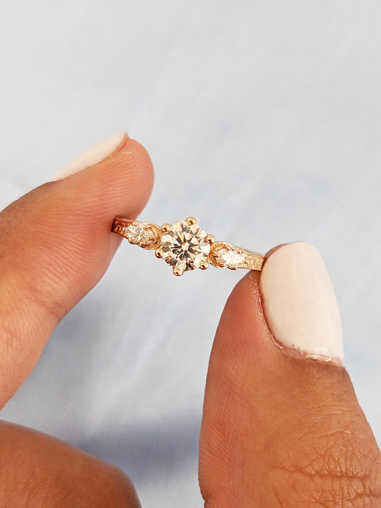Art Deco Moissanite Ring, Filigree Engagement Ring, Round and Marquise Engagement Ring, Wedding Anniversary Gift for Her, Three Stone Ring