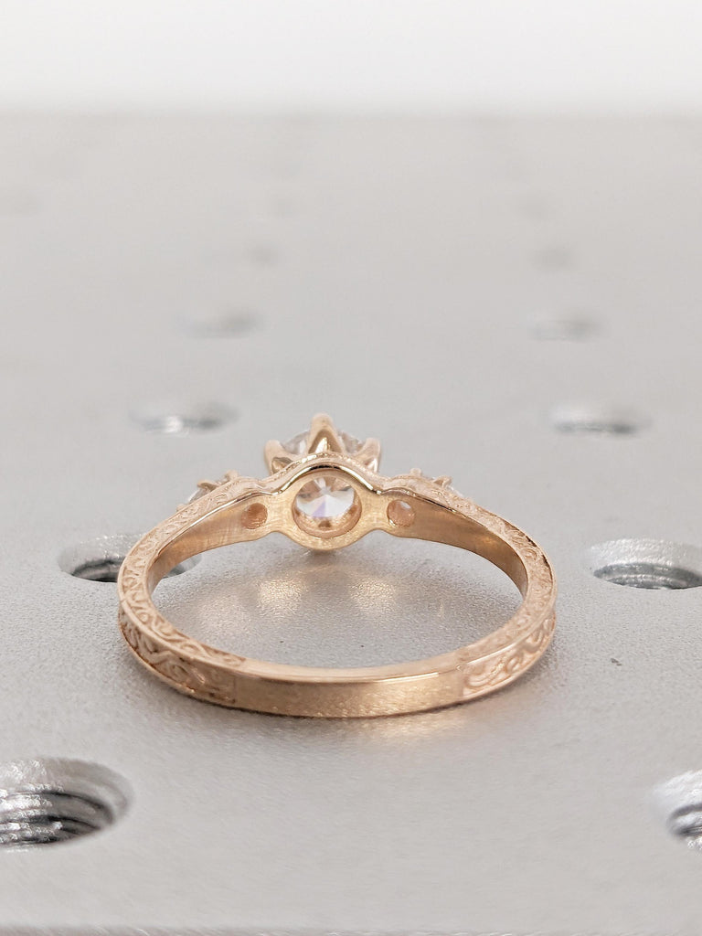Round and Marquise Lab Grown Diamond Engagement Ring, Three Stone Ring, Art Deco Wedding Ring, Lab Grown Diamond Ring, 14K Rose Gold Ring image #2