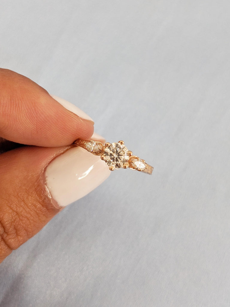 Round and Marquise Lab Grown Diamond Engagement Ring, Three Stone Ring, Art Deco Wedding Ring, Lab Grown Diamond Ring, 14K Rose Gold Ring image #4