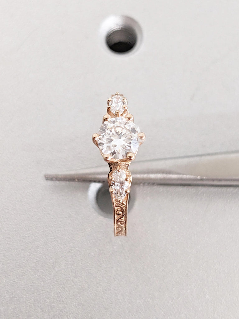 Round and Marquise Lab Grown Diamond Engagement Ring, Three Stone Ring, Art Deco Wedding Ring, Lab Grown Diamond Ring, 14K Rose Gold Ring image #6