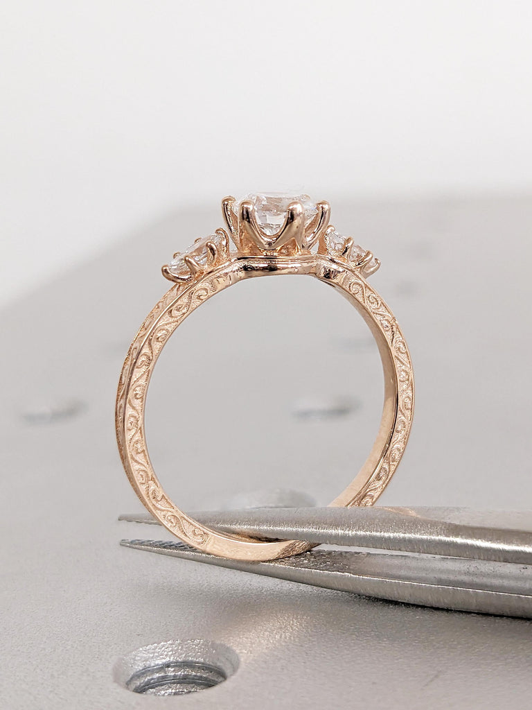 Round and Marquise Lab Grown Diamond Engagement Ring, Three Stone Ring, Art Deco Wedding Ring, Lab Grown Diamond Ring, 14K Rose Gold Ring