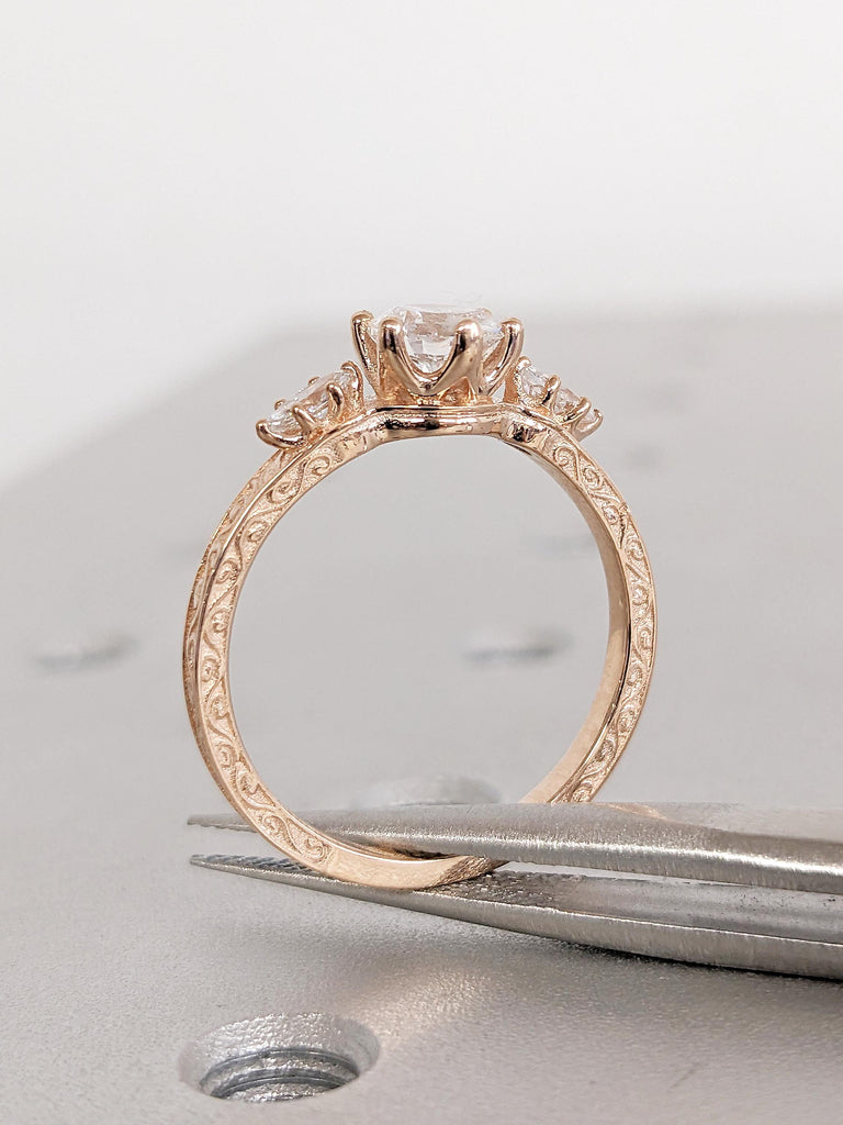 Dainty 3 Stone Engagement Ring, Round Lab Diamond Ring, Unique Filigree Ring, Lab Grown Engagement Ring, Gold Anniversary Ring, Bridal Gift