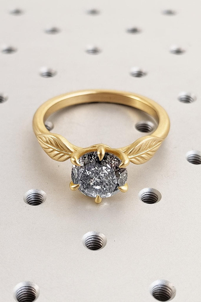 Round cut Engagement Ring | Nature Inspired Solid Gold Rings for Women | Wedding Ring | 1ct Grey Diamond Ring