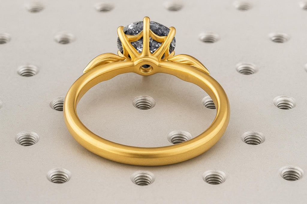Natural Salt and Pepper Galaxy Diamond Solitaire Engagement Ring | 14k Yellow Gold Promise Ring | 6 Prong Setting Ring | Rustic Leaf Ring