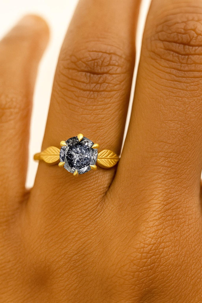 Natural Salt and Pepper Galaxy Diamond Solitaire Engagement Ring | 14k Yellow Gold Promise Ring | 6 Prong Setting Ring | Rustic Leaf Ring
