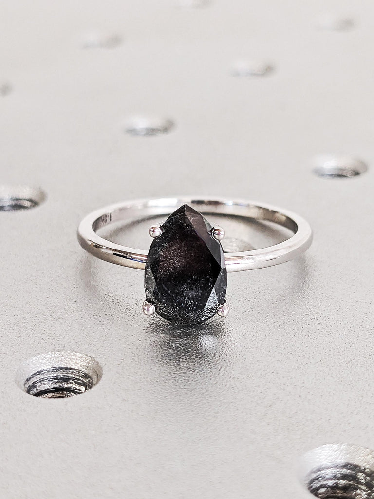 14K Solid White Gold Pear Salt and Pepper Diamond Engagement Ring, Raw Salt & Pepper Bridal Set, Unique Galaxy Diamond Ring, Stacking Rings