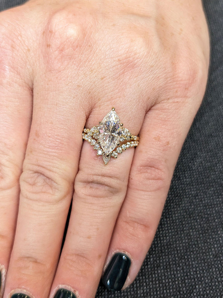 Marquise cut Moissanite Engagement Ring Set | Unique Yellow Gold Stacking Ring | Diamond Ring Set | Vintage Bridal Ring | Promise Ring Set Anniversary Ring