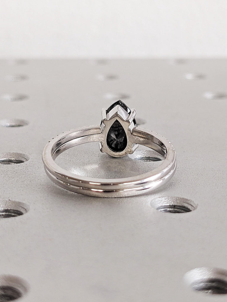 14K Solid White Gold Pear Salt and Pepper Diamond Engagement Ring, Raw Salt & Pepper Bridal Set, Unique Galaxy Diamond Ring, Stacking Rings