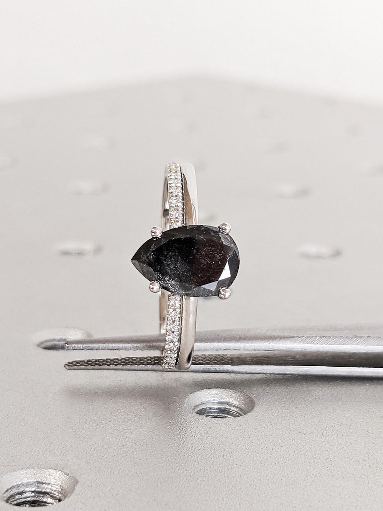 14K Solid White Gold Pear Salt and Pepper Diamond Engagement Ring, Raw Salt & Pepper Bridal Set, Unique Galaxy Diamond Ring, Stacking Rings
