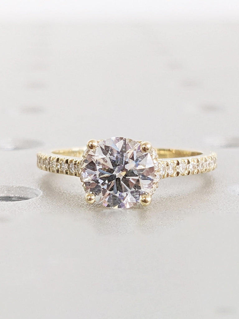 Hidden Halo Engagement Ring, Half Eternity Ring, Round Moissanite Ring, Art Deco Anniversary Ring, Gold Bridal Ring, Moissanite Wedding Ring