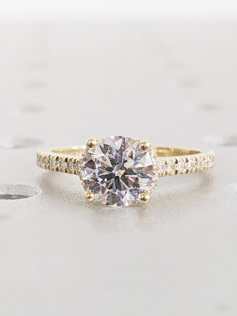 Round Cut Moissanite Engagement Ring, 18k, 14k Solid Gold Ring, Moissanite Hidden Halo Ring, Moissanite Eternity Ring, Unique Gift for Her