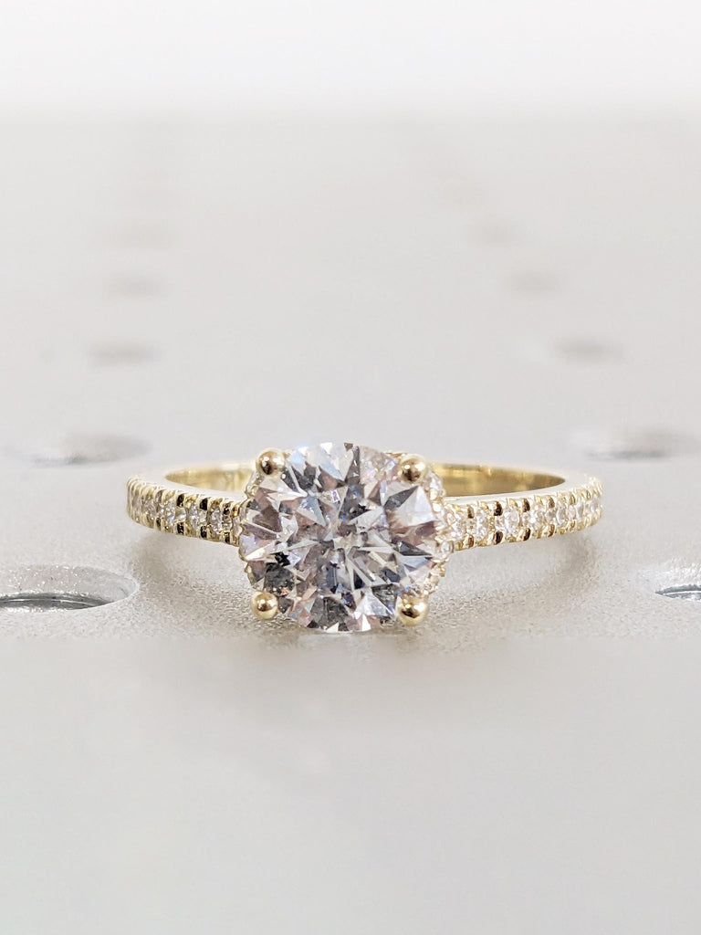 Hidden Halo Engagement Ring, Half Eternity Ring, Round Moissanite Ring, Art Deco Anniversary Ring, Gold Bridal Ring, Moissanite Wedding Ring