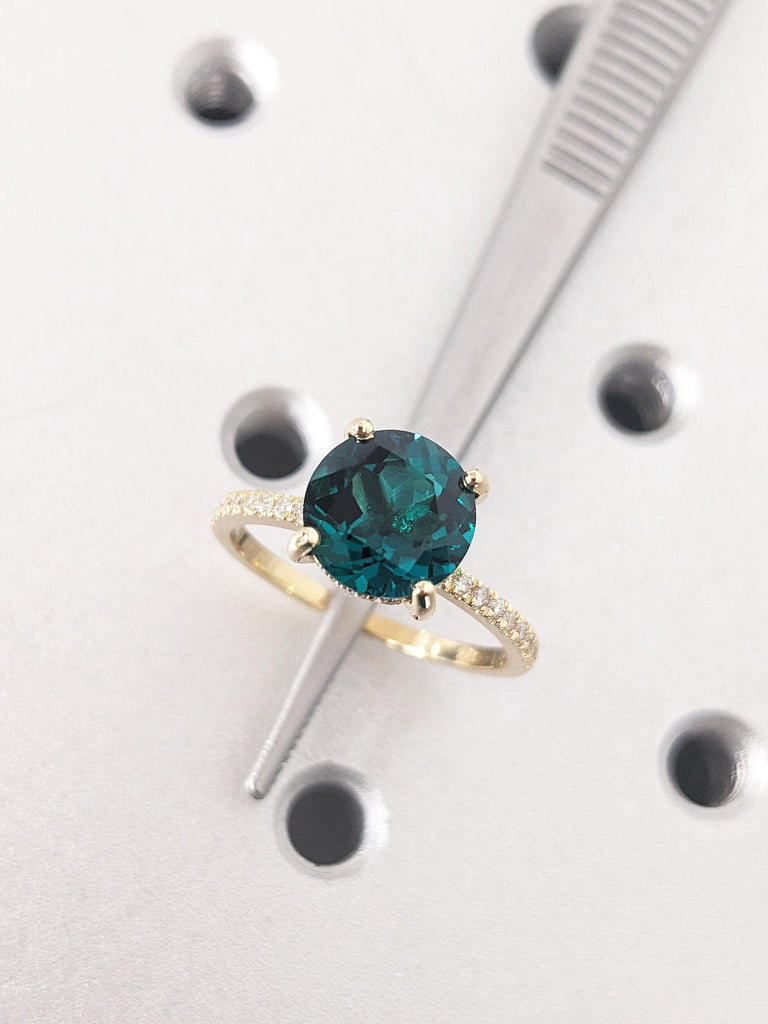 18K Yellow Gold Emerald Engagement Ring, Round Hidden Halo Diamond Wedding Ring, Modern Statement Jewelry, Unique Proposal Ring for Her