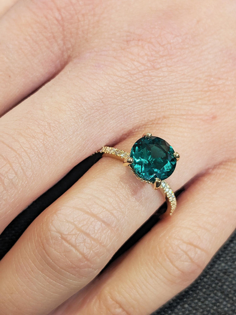 18K Yellow Gold Emerald Engagement Ring, Round Hidden Halo Diamond Wedding Ring, Modern Statement Jewelry, Unique Proposal Ring for Her