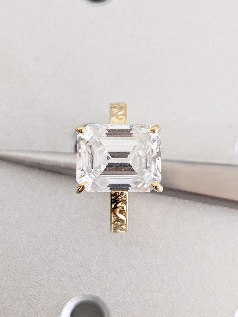 Moissanite Emerald Cut Ring, Dainty 18k Yellow Gold Promise Ring for Her, Emerald Cut Moissanite Engagement Ring, Filigree Moissanite Rings