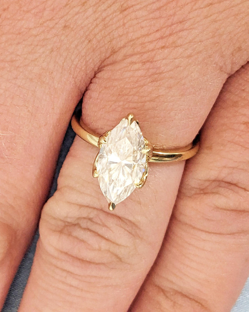 Tulip Basket Prongs Moissanite Ring, Tulip Petal Engagement Ring, Marquise Cut Moissanite Wedding Ring, Nature Promise Ring, 14K Yellow Gold
