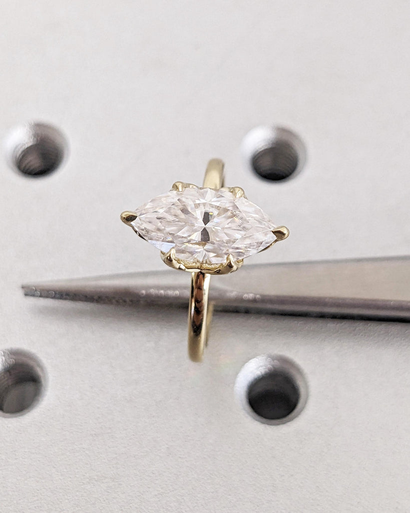 Tulip Basket Prongs Lab Grown Diamond Ring, Tulip Petal Engagement Ring, Marquise Cut Lab Diamond Wedding Ring 14K Gold, Nature Promise Ring