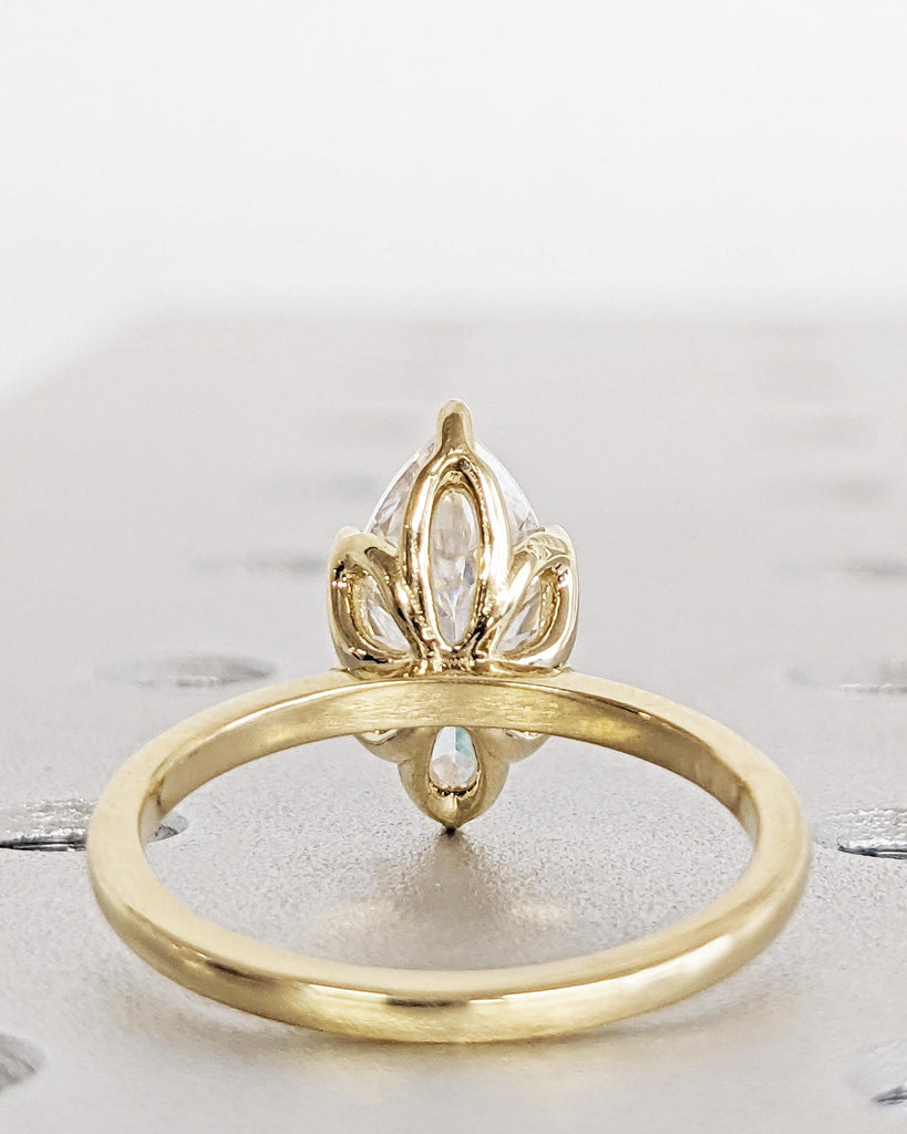 Tulip Basket Prongs Lab Grown Diamond Ring, Tulip Petal Engagement Ring, Marquise Cut Lab Diamond Wedding Ring 14K Gold, Nature Promise Ring