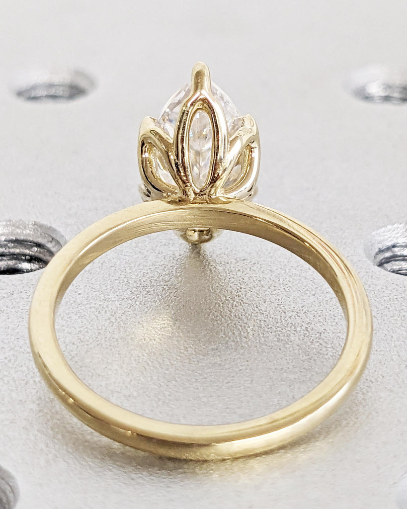 Tulip Basket Prongs Lab Grown Diamond Ring, Tulip Petal Engagement Ring, Marquise Cut Lab Diamond Wedding Ring 14K Gold, Nature Promise Ring