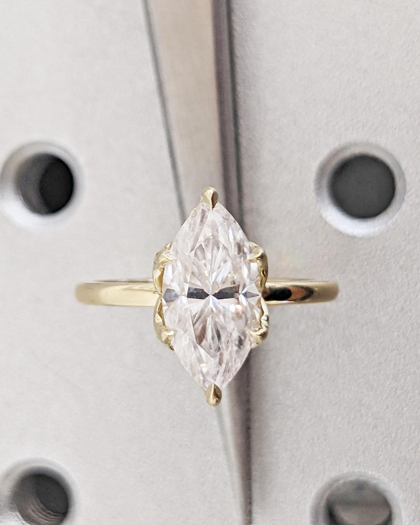 Tulip Basket Prongs Lab Grown Diamond Ring, Tulip Petal Engagement Ring, Marquise Cut Lab Diamond Wedding Ring 14K Gold, Nature Promise Ring