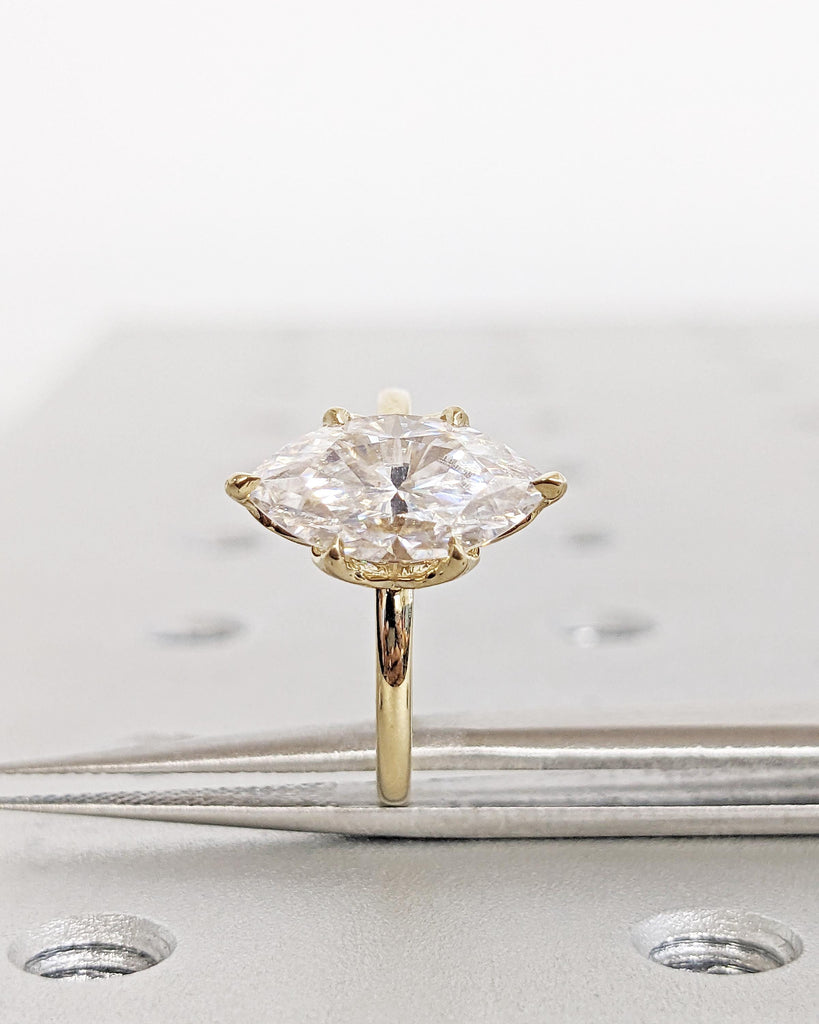 Tulip Basket Prongs Lab Grown Diamond Ring, Tulip Petal Engagement Ring, Marquise Cut Lab Diamond Wedding Ring 14K Gold, Nature Promise Ring