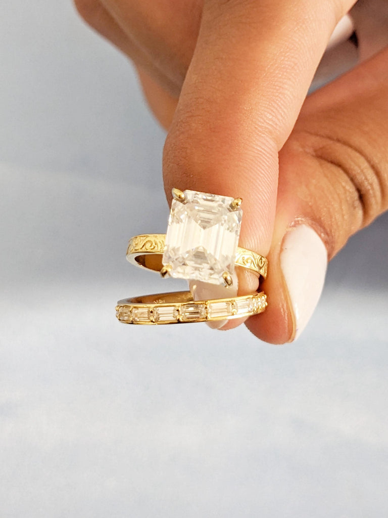 Emerald Cut Moissanite Ring Set, 18k Solid Gold Ring Set, Dainty Baguette Ring, Stacking Ring, Filigree Gold Statement Ring, Engagement Gift